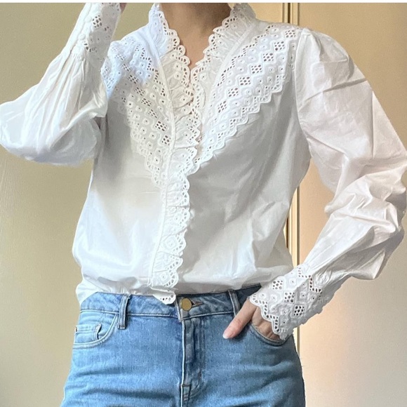 SEZANE NWT "Cassalia" Ecru Lace 100% Cotton Romantic Boho Long SLV Blouse 34-XS - Picture 1 of 16